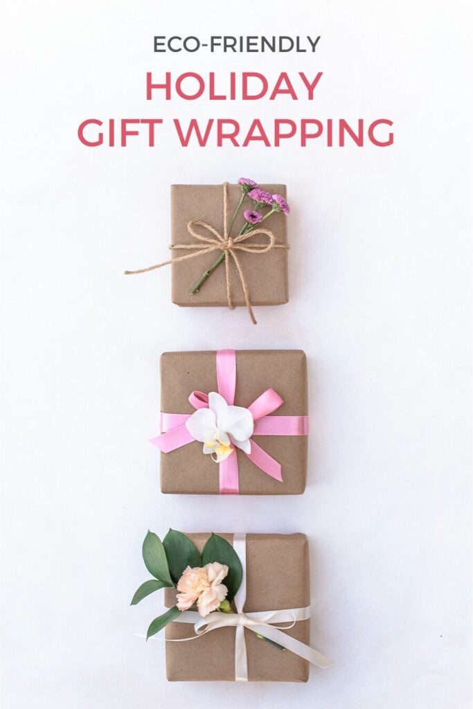 Holiday gift boxes with kraft paper, reusable ribbons and flowers